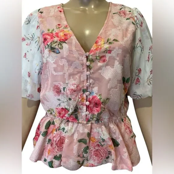 HEMANT & NANDITA Pink Puff Sleeve Peplum Blouse - Picture 4 of 6